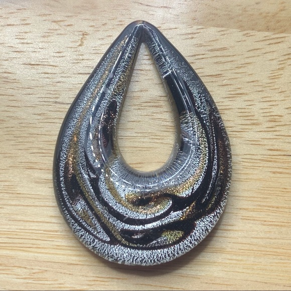 vintage silver & black Teardrop art glass pendant Retro - Picture 2 of 5